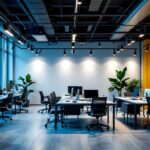 A photograph of a well-designed office space featuring stylish track lighting that highlights work areas