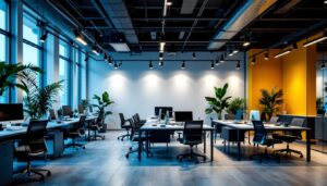 A photograph of a well-designed office space featuring stylish track lighting that highlights work areas