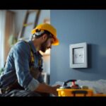 A photograph of a skilled lighting contractor expertly installing an electrical box hole cover in a well-lit room