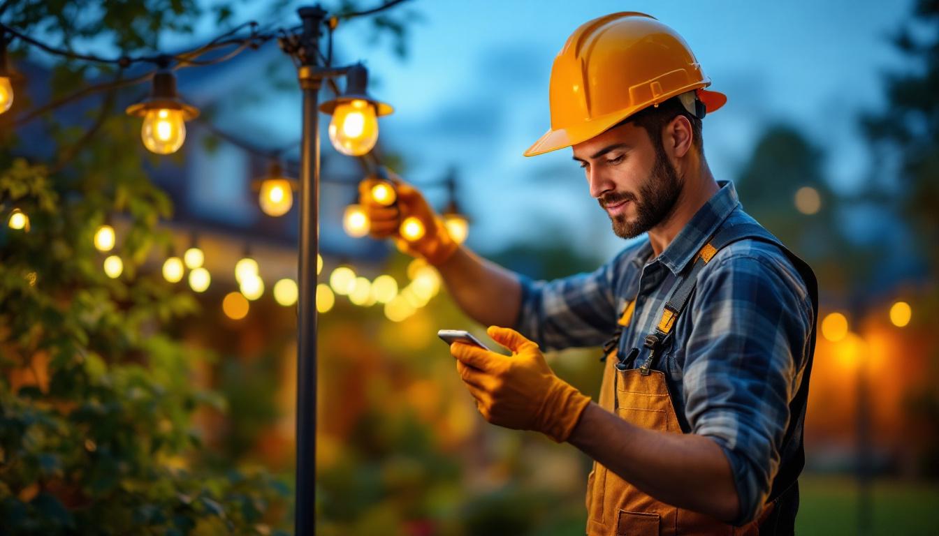 A photograph of a lighting contractor expertly installing solar-powered lights in a residential backyard