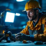A photograph of a lighting contractor using a portable job light in a dimly lit workspace