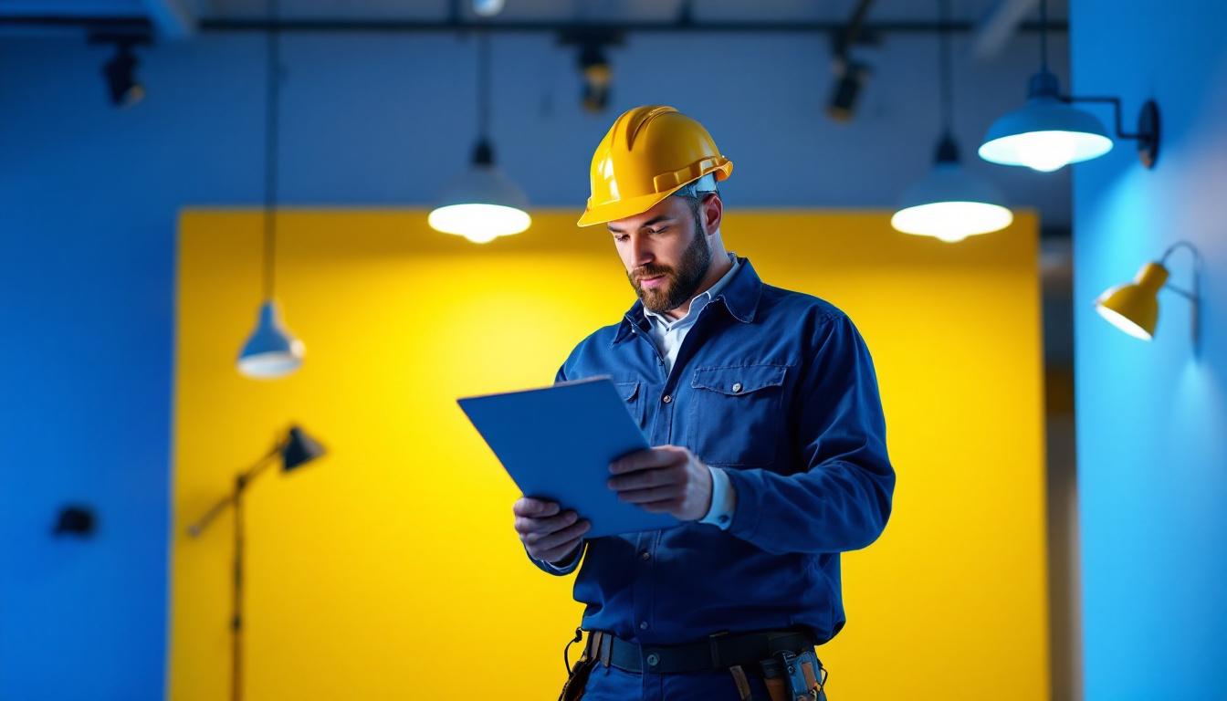 A photograph of a lighting contractor in action