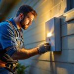 A photograph of a skilled lighting contractor installing an exterior box cover on a residential property