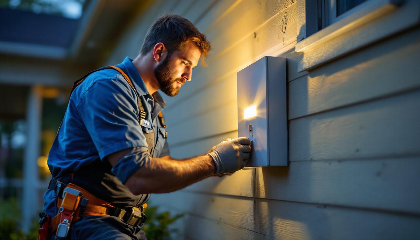 A photograph of a skilled lighting contractor installing an exterior box cover on a residential property