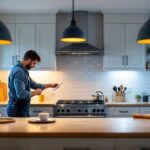 A photograph of a well-lit range kitchen showcasing various lighting fixtures in use