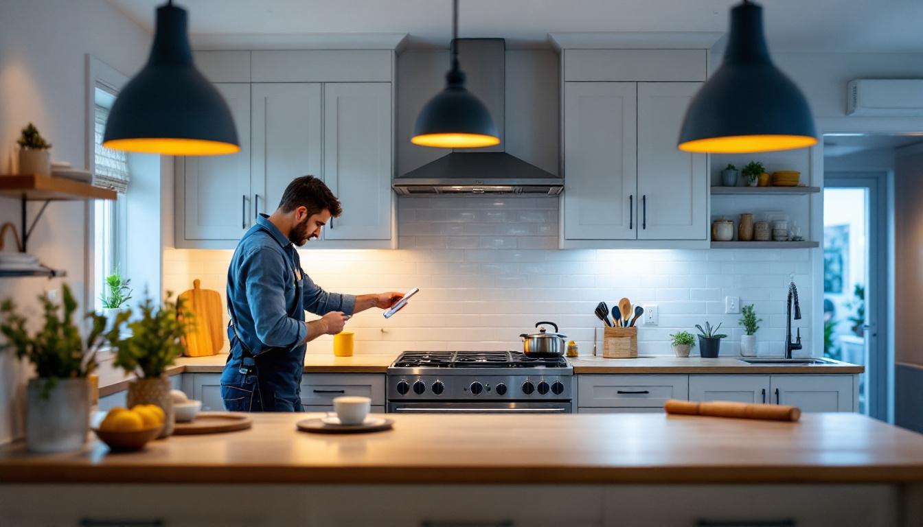 A photograph of a well-lit range kitchen showcasing various lighting fixtures in use