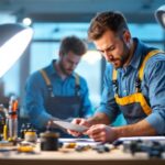 A photograph of a skilled lighting contractor at work