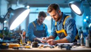A photograph of a skilled lighting contractor at work