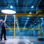 A photograph of a well-lit industrial or commercial space showcasing a high bay fixture in action