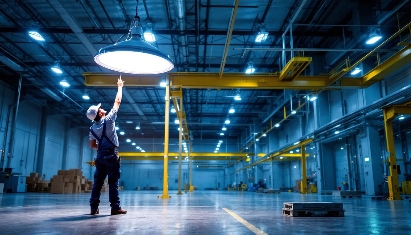 A photograph of a well-lit industrial or commercial space showcasing a high bay fixture in action