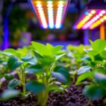 A photograph of a vibrant indoor gardening setup featuring lush green seedlings illuminated by a variety of colorful led grow lights