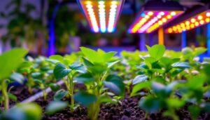 A photograph of a vibrant indoor gardening setup featuring lush green seedlings illuminated by a variety of colorful led grow lights