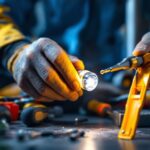 A photograph of a lighting contractor carefully replacing a light sensor