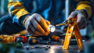 A photograph of a lighting contractor carefully replacing a light sensor