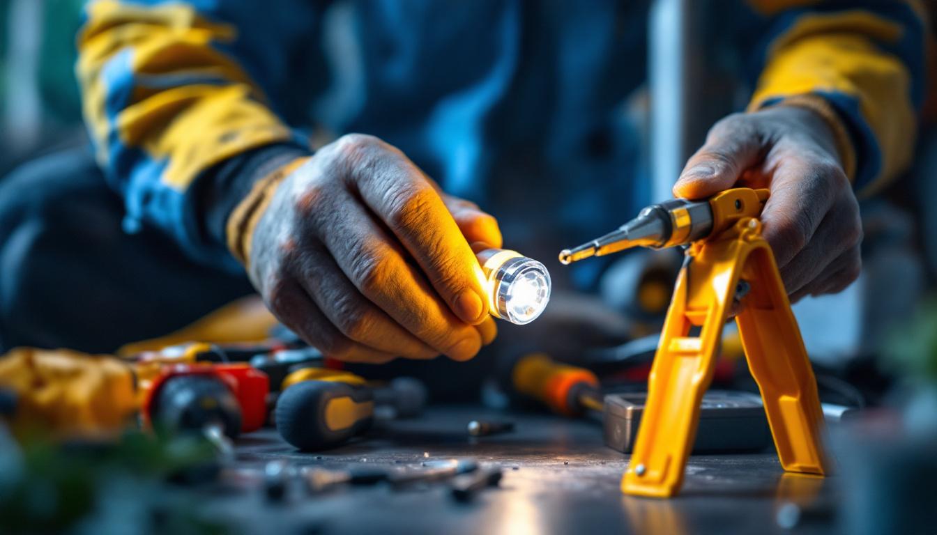 A photograph of a lighting contractor carefully replacing a light sensor