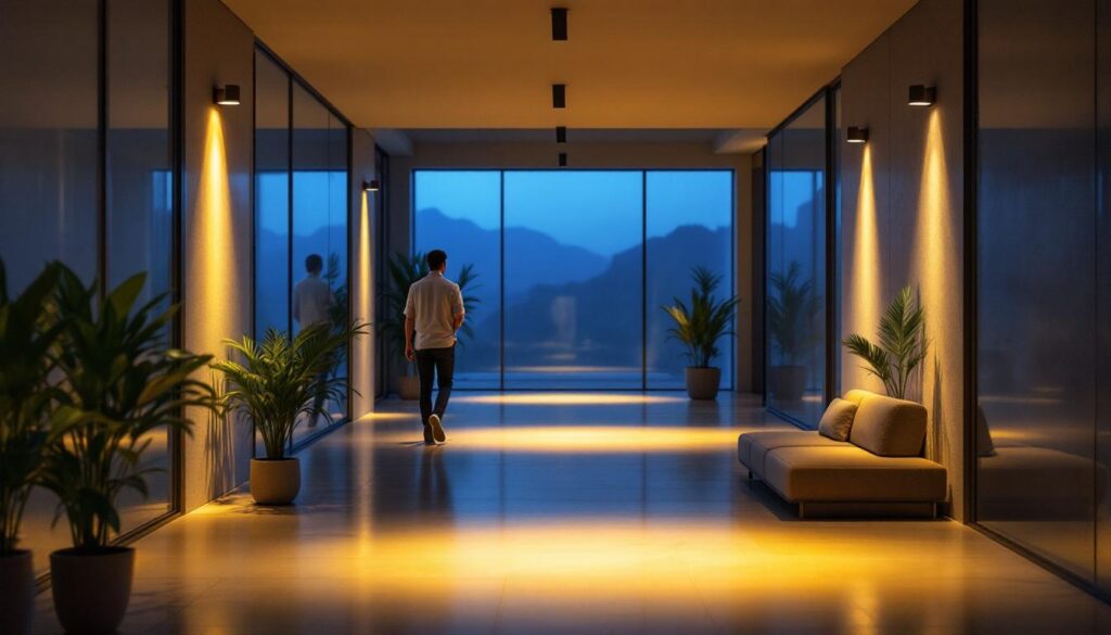 A photograph of a beautifully lit interior space featuring motion detector can lights in action
