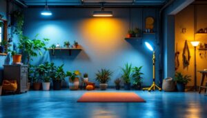 A photograph of a well-lit garage showcasing a variety of affordable lighting solutions