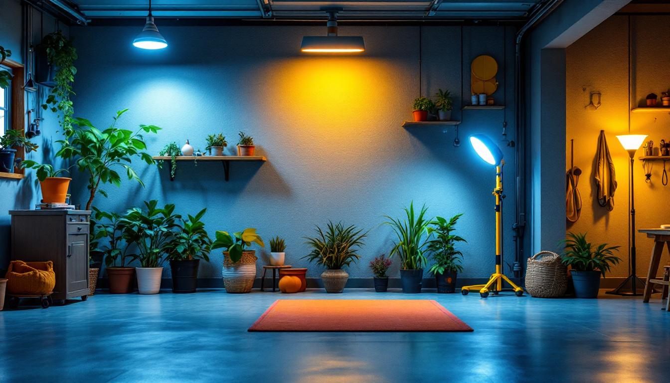 A photograph of a well-lit garage showcasing a variety of affordable lighting solutions