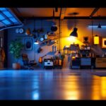 A photograph of a well-lit garage interior showcasing various types of lighting fixtures