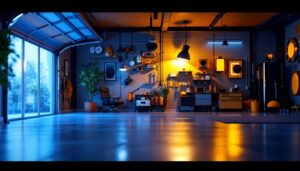 A photograph of a well-lit garage interior showcasing various types of lighting fixtures