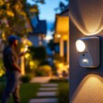 A photograph of a lighting contractor installing an outdoor motion detector in a residential setting