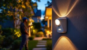 A photograph of a lighting contractor installing an outdoor motion detector in a residential setting