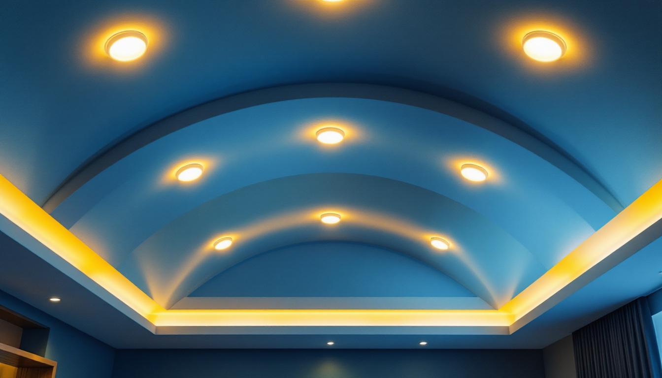 A photograph of a beautifully designed vaulted ceiling featuring recessed lights in a stylish interior