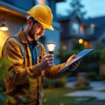 A photograph of a lighting contractor installing a small solar led light in a residential or commercial outdoor setting