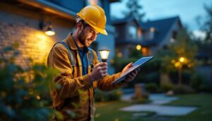 A photograph of a lighting contractor installing a small solar led light in a residential or commercial outdoor setting