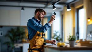 A photograph of a lighting contractor skillfully installing a sleek led track lighting kit in a modern interior space