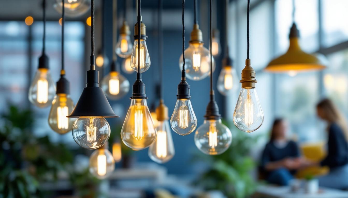 A photograph of a beautifully arranged display of various hanging light fixtures in a well-lit interior setting
