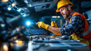 A photograph of capture a photograph of a lighting contractor installing solar-powered car lights in a modern vehicle