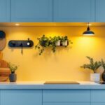 A photograph of a beautifully styled kitchen or cabinet space featuring various lighting fixtures