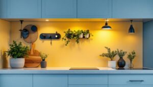 A photograph of a beautifully styled kitchen or cabinet space featuring various lighting fixtures