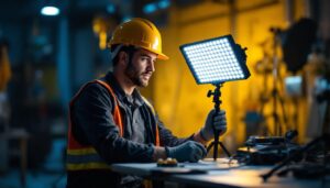 A photograph of a lighting contractor in action