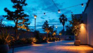 A photograph of a beautifully illuminated outdoor space showcasing various down lighting fixtures