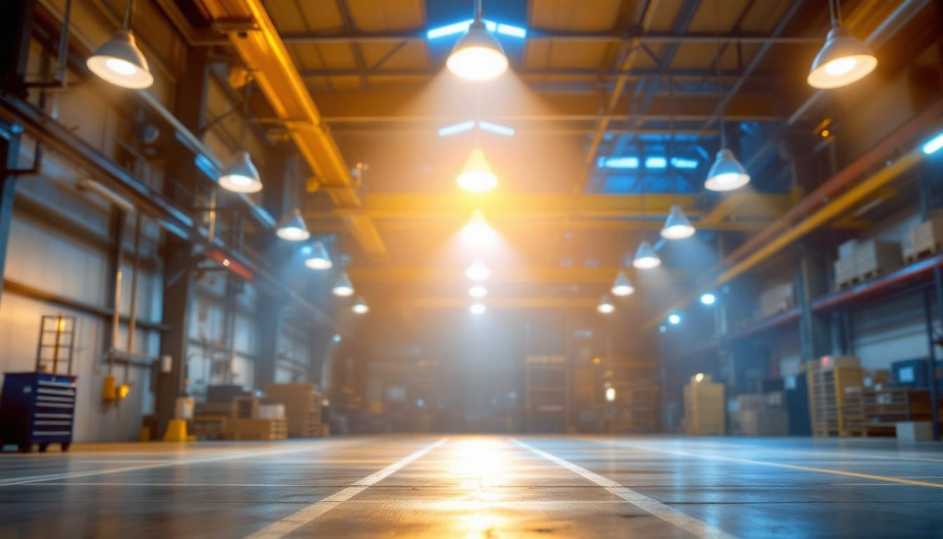 A photograph of a well-lit industrial space featuring rab high bay lights in action