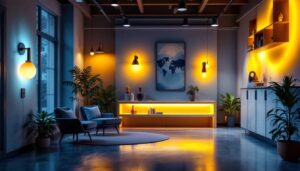 A photograph of a beautifully lit interior space showcasing a variety of innovative lighting designs