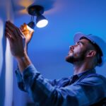 A photograph of a lighting contractor skillfully installing a modern 3-light led fixture in a residential setting