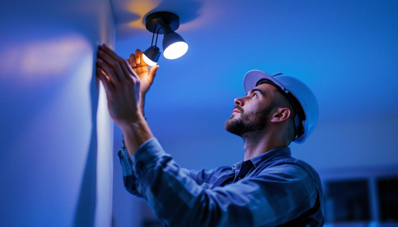 A photograph of a lighting contractor skillfully installing a modern 3-light led fixture in a residential setting