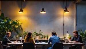 A photograph of a well-lit industrial workspace featuring a team of employees collaborating under stylish industrial wall lights