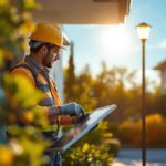 A photograph of a lighting contractor installing solar-powered lights in a residential or commercial setting