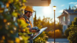 A photograph of a lighting contractor installing solar-powered lights in a residential or commercial setting