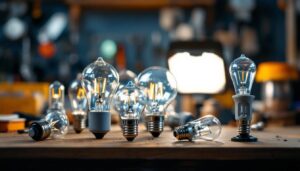 A photograph of a close-up of various halogen light bulb bases arranged aesthetically on a workbench