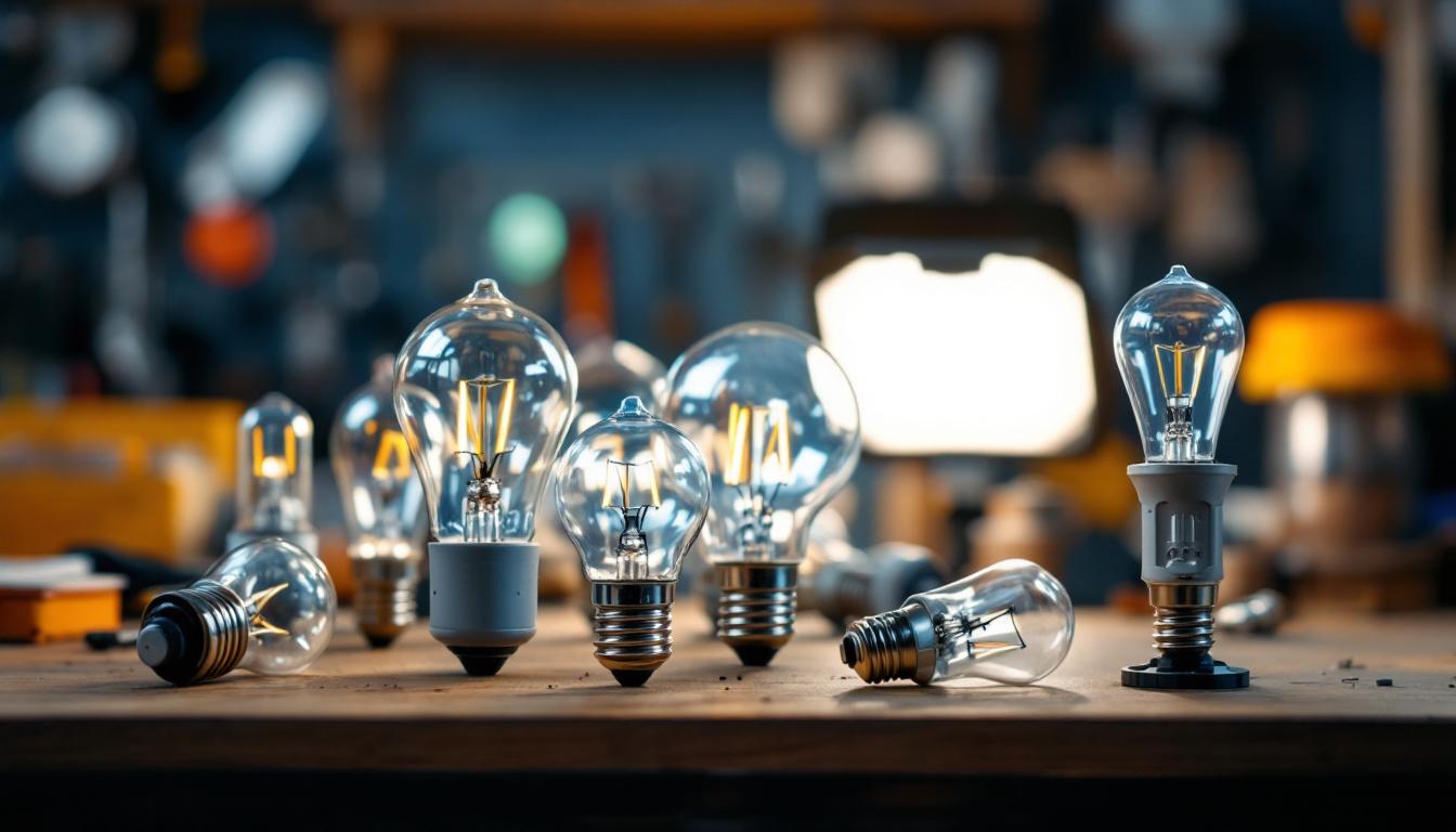 A photograph of a close-up of various halogen light bulb bases arranged aesthetically on a workbench