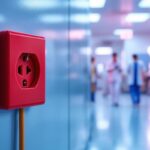 A photograph of a hospital setting that prominently features the red electrical outlets
