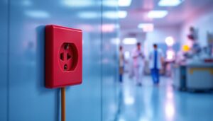 A photograph of a hospital setting that prominently features the red electrical outlets