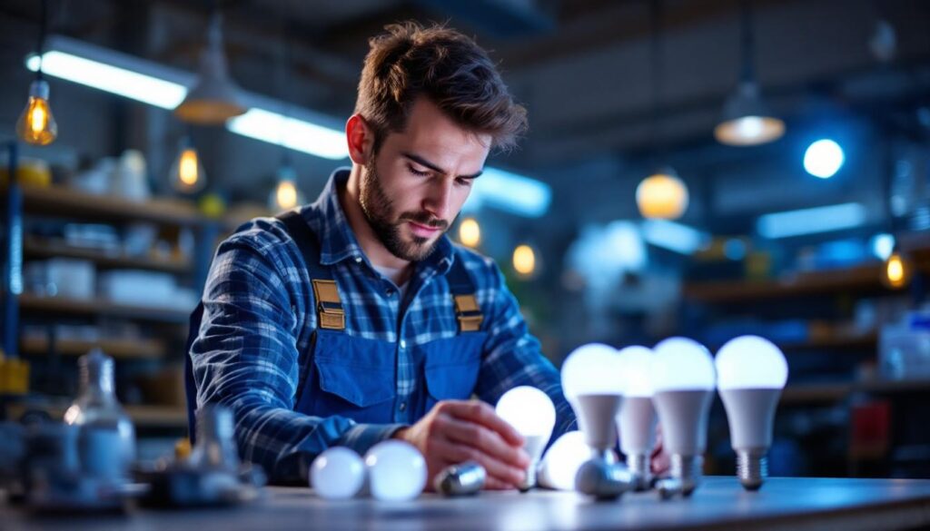 A photograph of a lighting contractor examining a variety of wholesale led light bulbs in a well-lit workshop