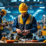 A photograph of a bustling warehouse environment showcasing a variety of essential tools and equipment for lighting contractors