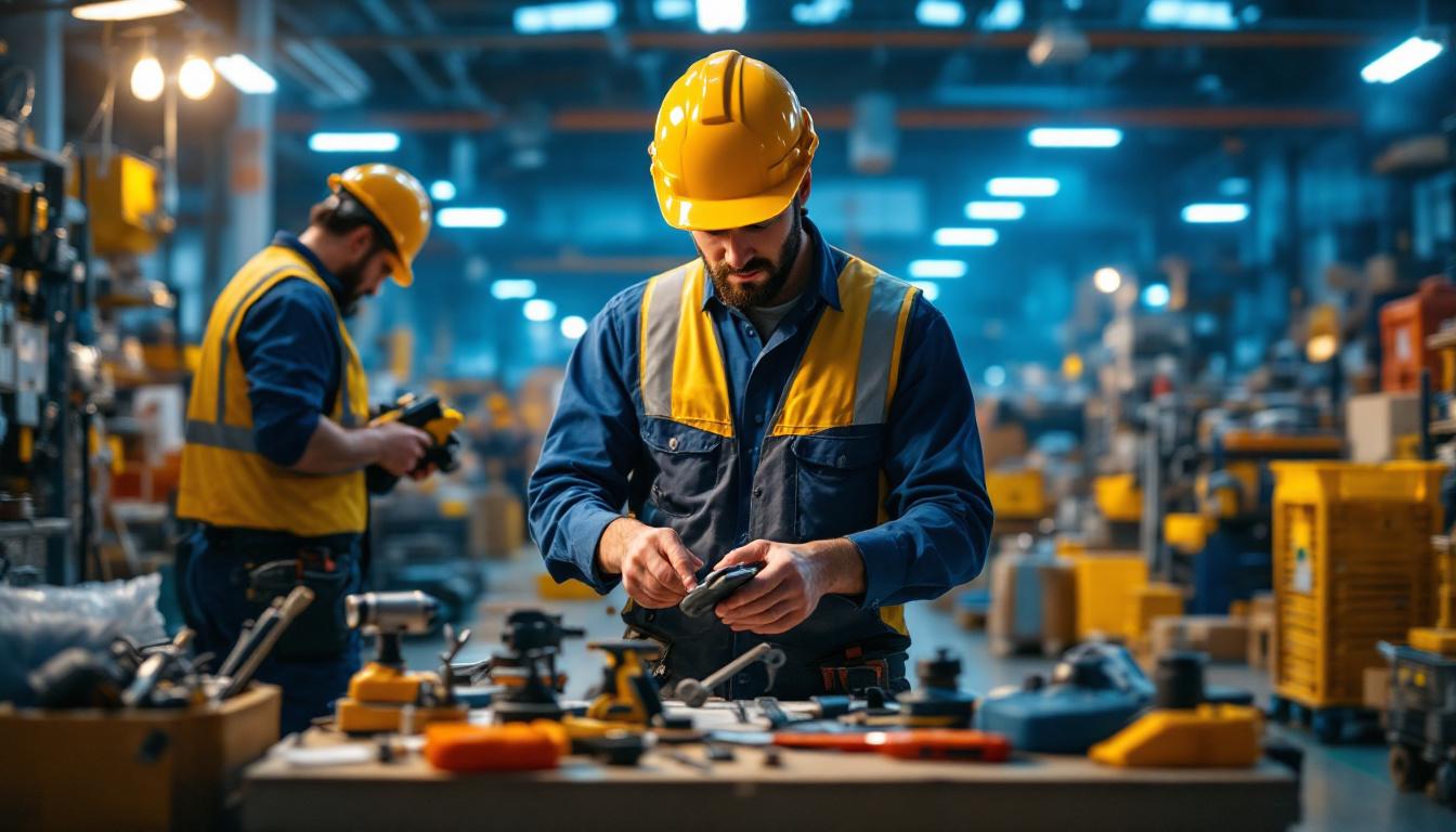 A photograph of a bustling warehouse environment showcasing a variety of essential tools and equipment for lighting contractors